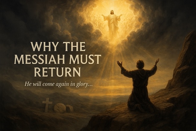 A digital painting illustrates a biblical eschatological scene with Jesus descending from the heavens on clouds, surrounded by radiant glory, angelic hosts, and prophetic scrolls. The image represents the theological necessity of Christ’s second coming as foretold in scripture.