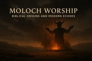 Cinematic painting of a bronze idol of Moloch with fiery glow and broken chains in a desolate landscape, symbolizing ancient child sacrifice and modern societal parallels.