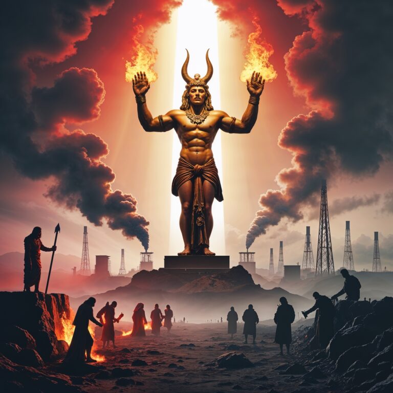 "Illustration of Moloch worship symbolizing ancient child sacrifices and modern parallels such as corporate greed, environmental destruction, and exploitation, with a bronze idol of Moloch in a fiery valley."