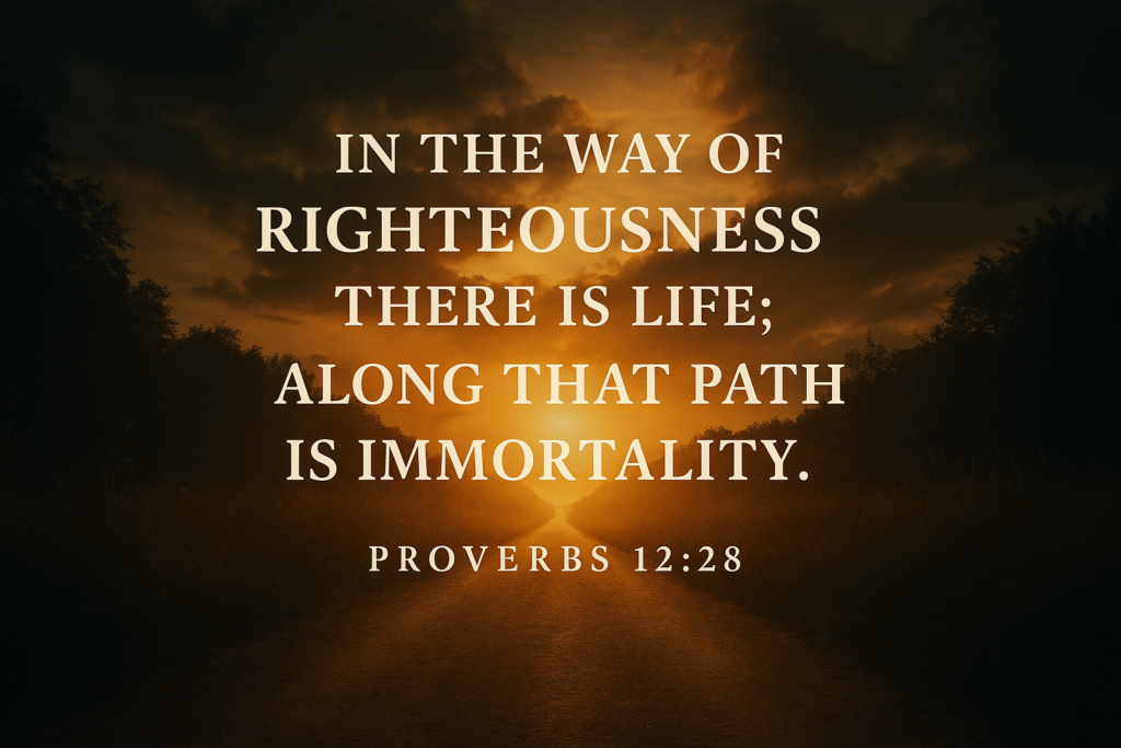 A cinematic digital image of a sunlit forest path with glowing light and footsteps symbolizing Proverbs 12:28’s message of righteousness, life, and eternity