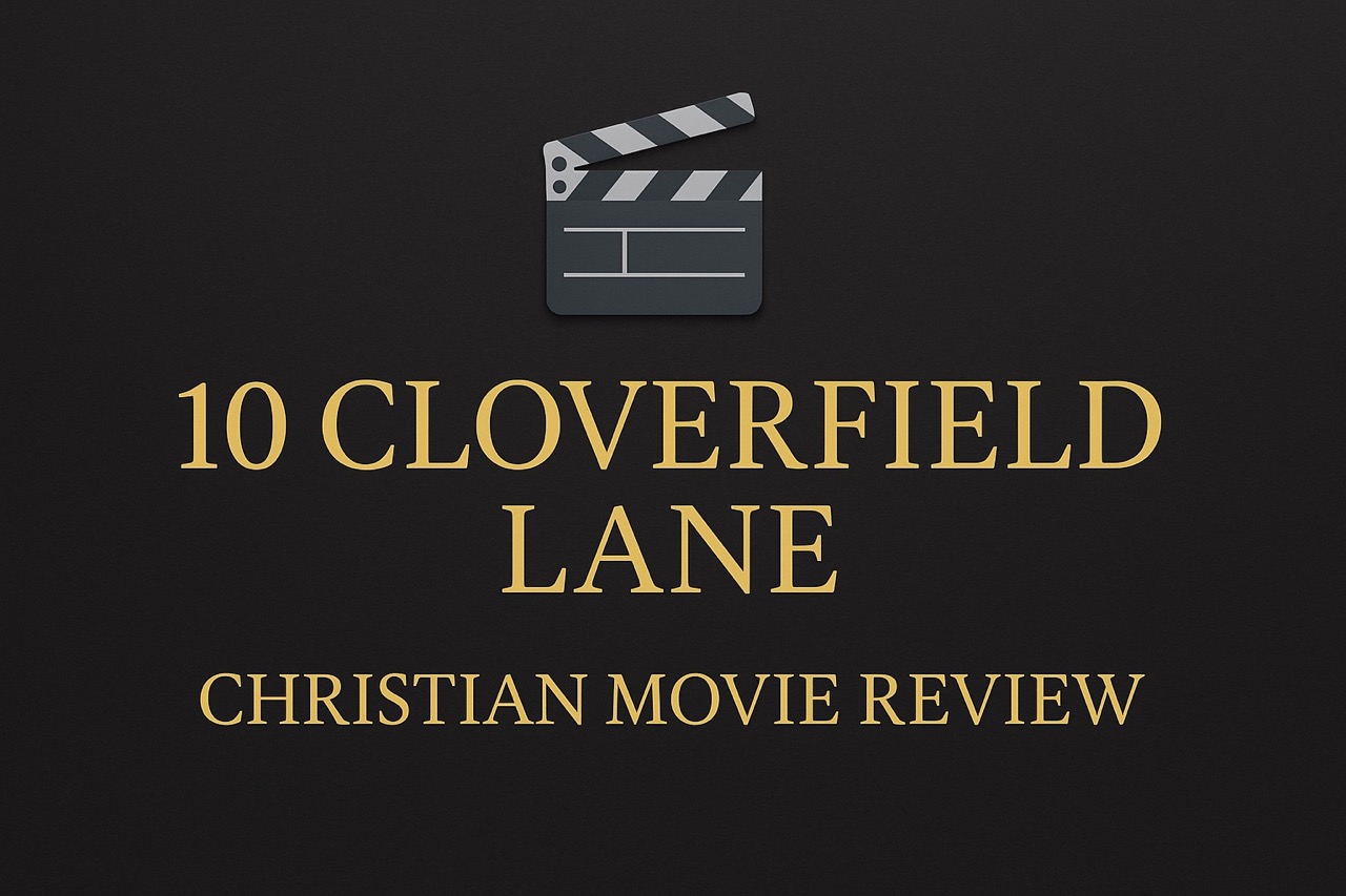 "Feature image for 10 Cloverfield Lane parental review – Christian movie insight with gold serif text and clapper icon."