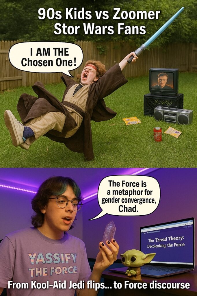  Meme comparing a 90s kid flipping with a toy lightsaber to a modern teen discussing the Force as gender convergence.