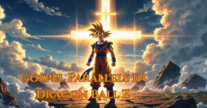 A cinematic anime-style image of Goku in Super Saiyan form reaching toward Cell, with a glowing cross in the sky behind him, symbolizing sacrifice and redemption.