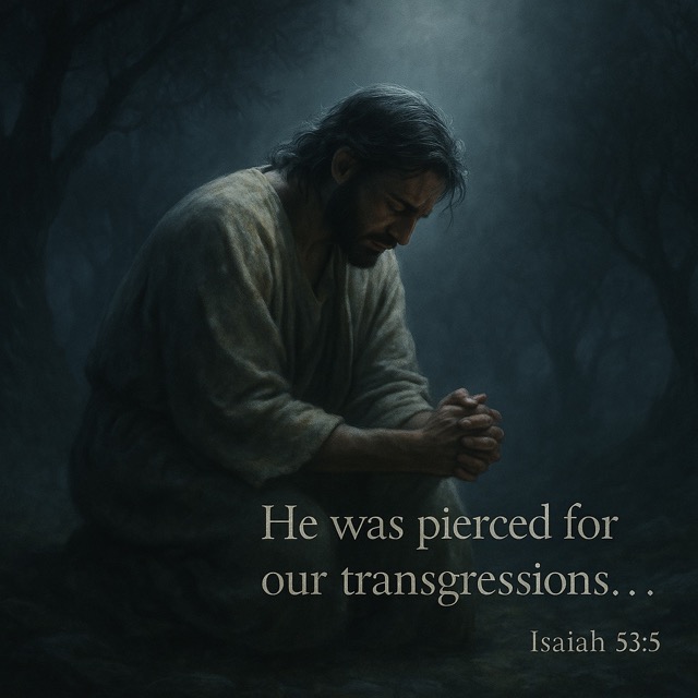 Jesus praying alone in Gethsemane, kneeling in sorrow, fulfilling Isaiah 53 prophecy of suffering