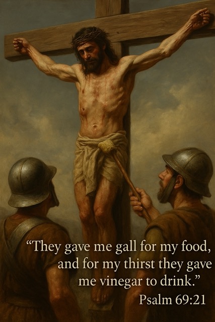 Jesus on the cross as a Roman soldier lifts a sponge of sour wine to His mouth, fulfilling Psalm 69:21