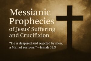 Digital painting of Jesus suffering on the cross with scripture overlays of Isaiah 53 and Psalm 22