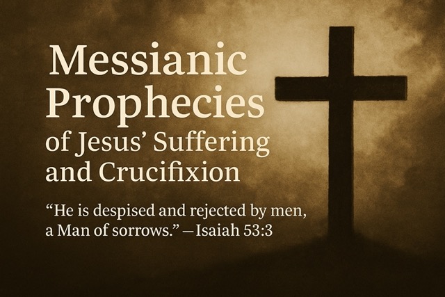 Digital painting of Jesus suffering on the cross with scripture overlays of Isaiah 53 and Psalm 22