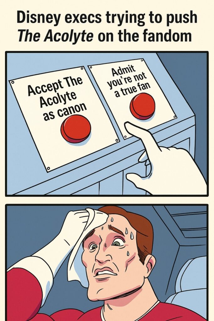  A man sweats while choosing between accepting The Acolyte as canon or admitting he’s not a true fan.