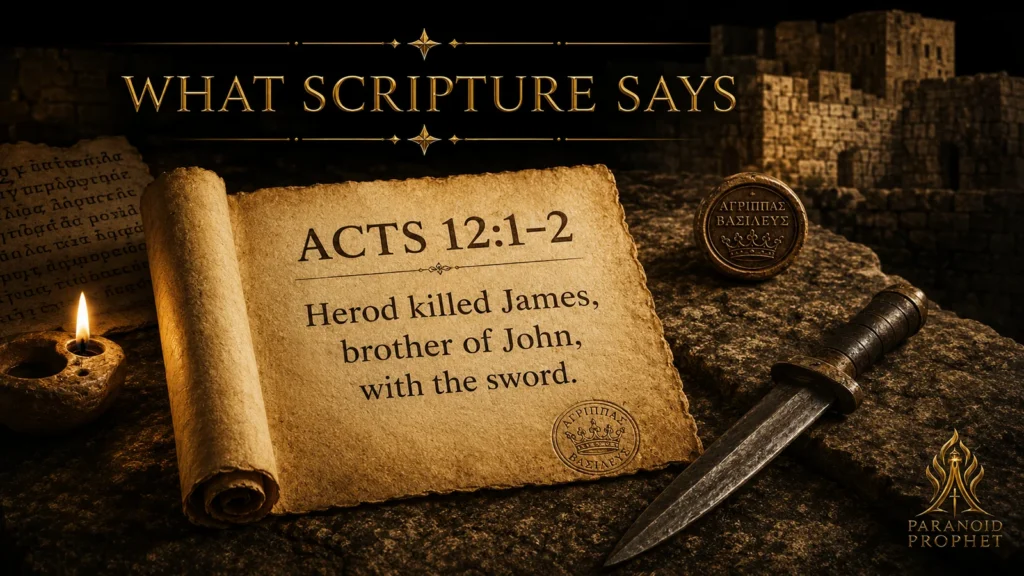 Acts 12 parchment with a sword showing Herod killed James, brother of John, with the sword.