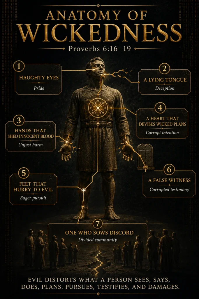 Infographic showing the seven things God hates in Proverbs 6:16–19 moving through the eyes, tongue, hands, heart, feet, testimony, and divided community.