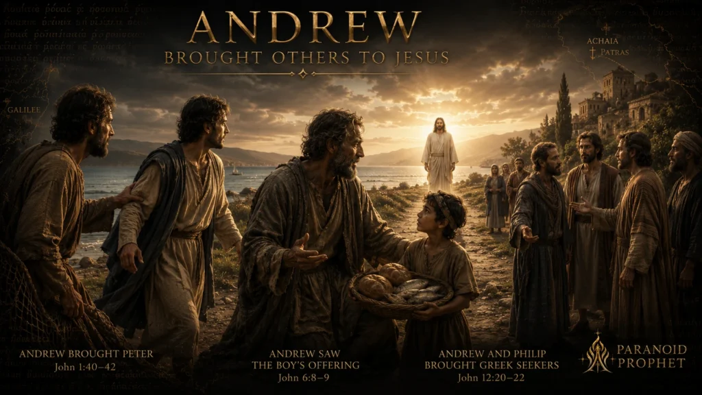 Andrew the Apostle guiding Peter, a boy with loaves and fish, and Greek seekers toward Jesus.