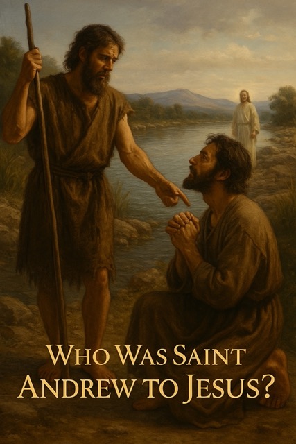 “Saint Andrew kneeling before John the Baptist near the Jordan River, moments before John declares Jesus the Lamb of God.”