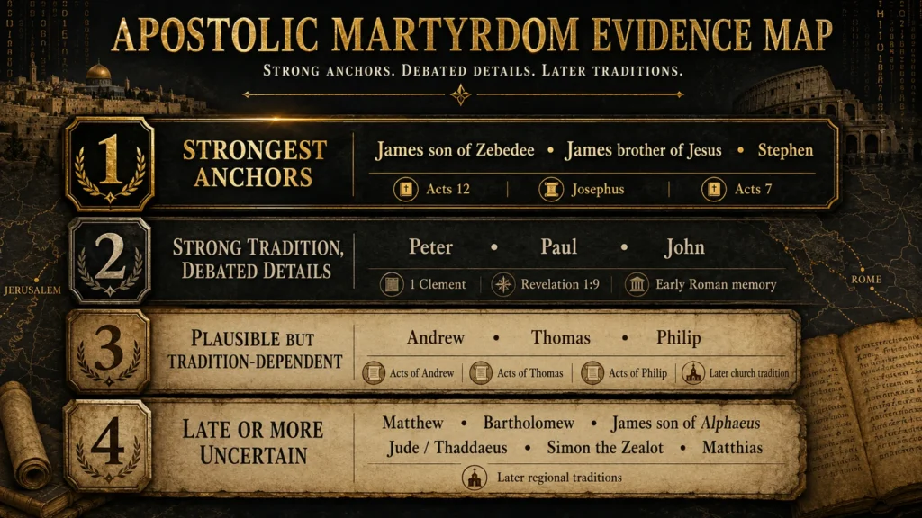 Evidence map ranking apostolic martyrdom traditions from strongest anchors to later uncertain traditions, including Acts 12, Josephus, 1 Clement, Peter, Paul, John, Andrew, Thomas, and Philip.