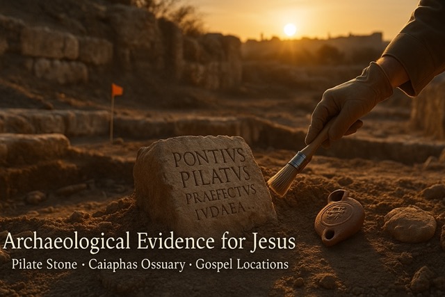 Photorealistic depiction of archaeologists uncovering the Pilate Stone and first-century ruins confirming Gospel accounts of Jesus