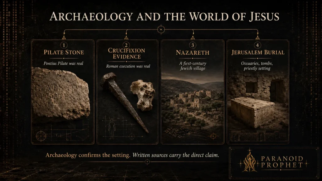 Infographic showing archaeology related to the world of Jesus, including the Pilate Stone, crucifixion evidence, Nazareth, and Jerusalem burial practice.