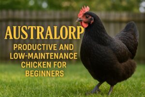Australorp chicken standing on grass with glossy black feathers and golden text that reads “Australorp – Productive and Low-Maintenance Chicken for Beginners”