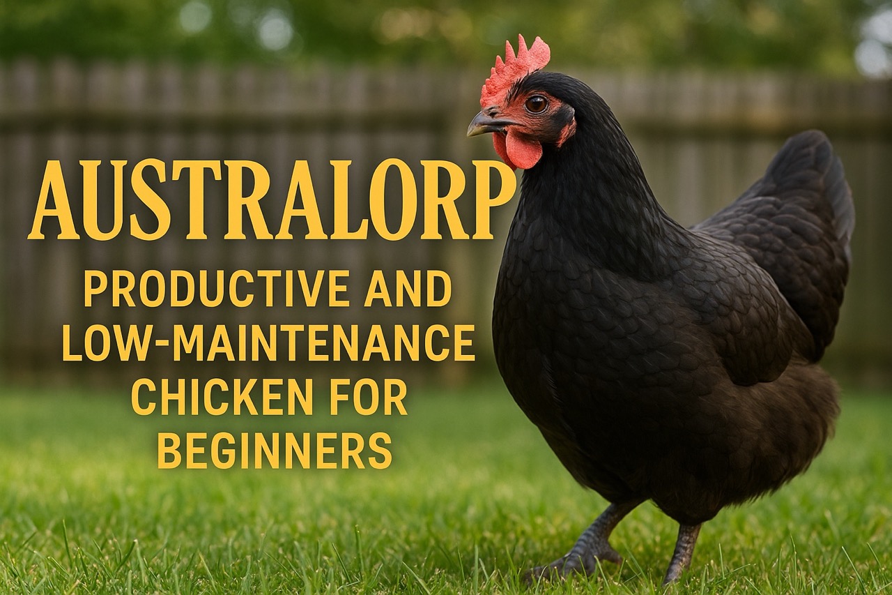 Australorp chicken standing on grass with glossy black feathers and golden text that reads “Australorp – Productive and Low-Maintenance Chicken for Beginners”