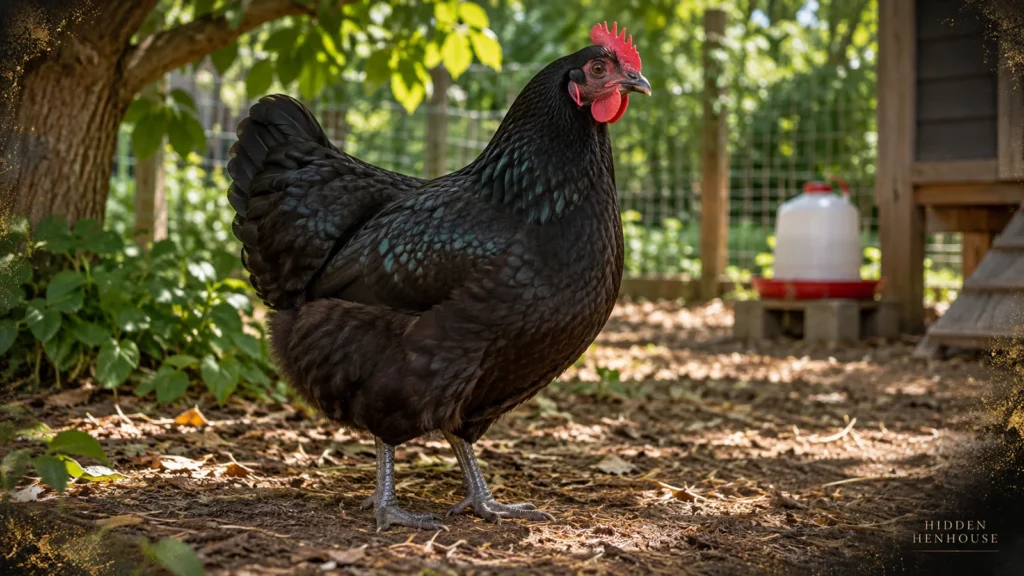 Black Australorp hen with beetle-green feather sheen, single red comb and slate legs in a shaded backyard run with a waterer