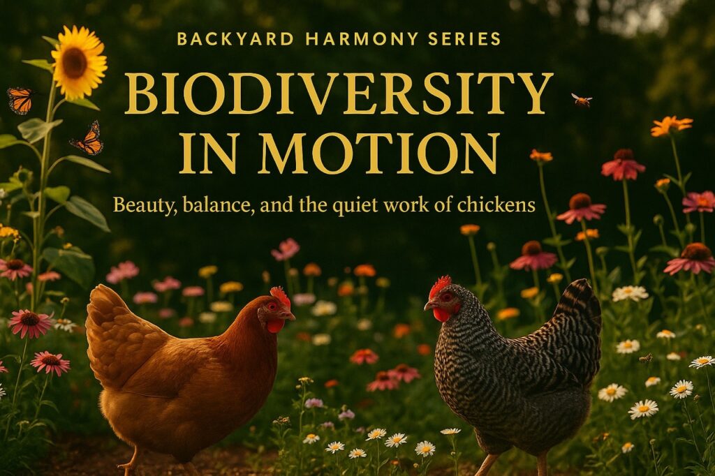 Two chickens walk through a wildflower garden surrounded by bees and butterflies, symbolizing backyard biodiversity and natural balance.