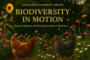 Two chickens walk through a wildflower garden surrounded by bees and butterflies, symbolizing backyard biodiversity and natural balance.