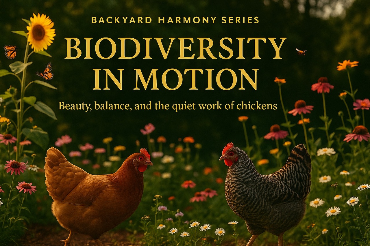 Two chickens walk through a wildflower garden surrounded by bees and butterflies, symbolizing backyard biodiversity and natural balance.