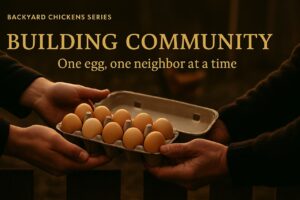 Two people exchange a carton of fresh eggs over a fence at golden hour, symbolizing how backyard chickens build community.