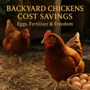 Photorealistic image of backyard chickens next to a basket of eggs with title text overlay reading Backyard Chickens Cost Savings – Eggs, Fertilizer & Freedom