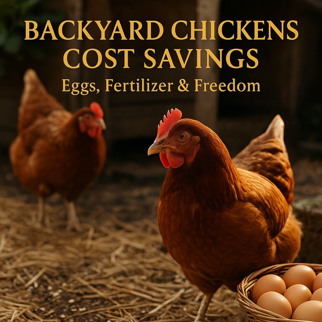Photorealistic image of backyard chickens next to a basket of eggs with title text overlay reading Backyard Chickens Cost Savings โ Eggs, Fertilizer & Freedom