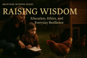 A mother and daughter study chickens together in a warm backyard, symbolizing the educational and ethical value of raising backyard hens.