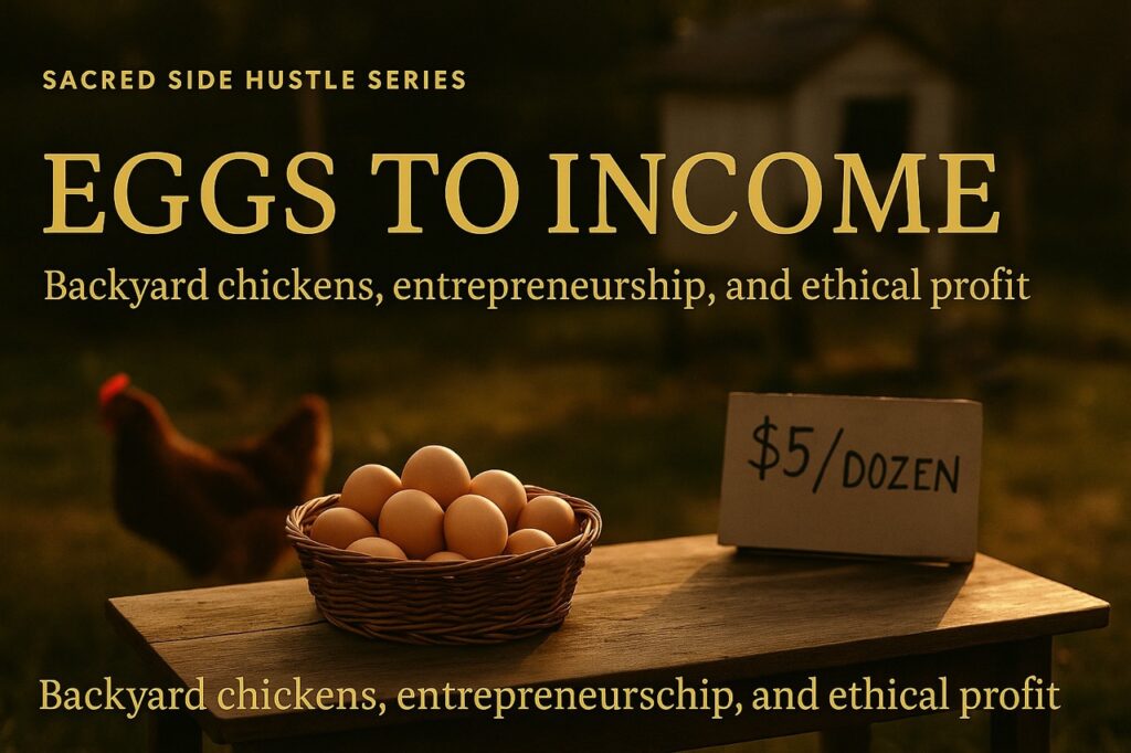 A rustic wooden table holds a basket of eggs and a sign reading "/dozen" in warm evening light, symbolizing backyard chickens entrepreneurship and local egg sales.