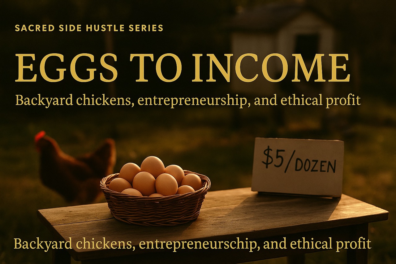 A rustic wooden table holds a basket of eggs and a sign reading "$5/dozen" in warm evening light, symbolizing backyard chickens entrepreneurship and local egg sales.