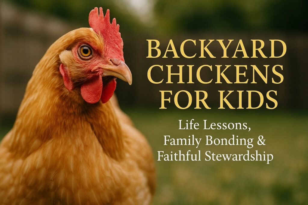 Photograph of a child feeding a backyard chicken with the text Backyard Chickens for Kids โ Life Lessons and Family Bonding overlayed