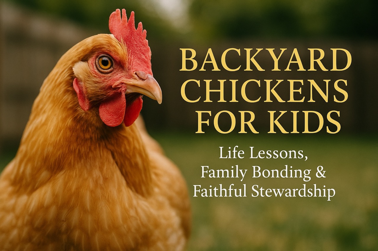 Photograph of a child feeding a backyard chicken with the text Backyard Chickens for Kids – Life Lessons and Family Bonding overlayed
