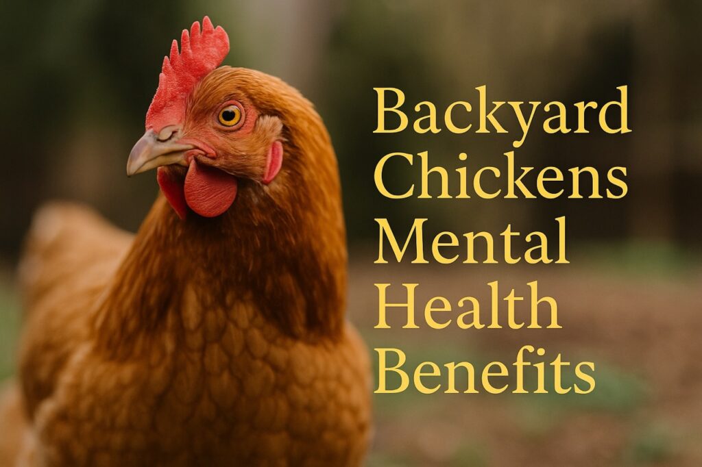 Photorealistic image of a golden hen in close-up sunlight with title overlay reading Backyard Chickens Mental Health Benefits โ Cluck Therapy in Action