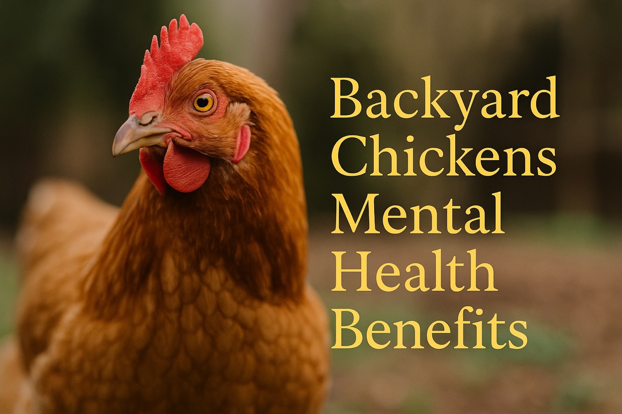 Photorealistic image of a golden hen in close-up sunlight with title overlay reading Backyard Chickens Mental Health Benefits – Cluck Therapy in Action