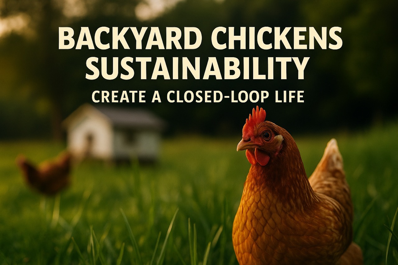 Golden brown hen in green grass with chicken coop in background and title text Backyard Chickens Sustainability – Create a Closed-Loop Life