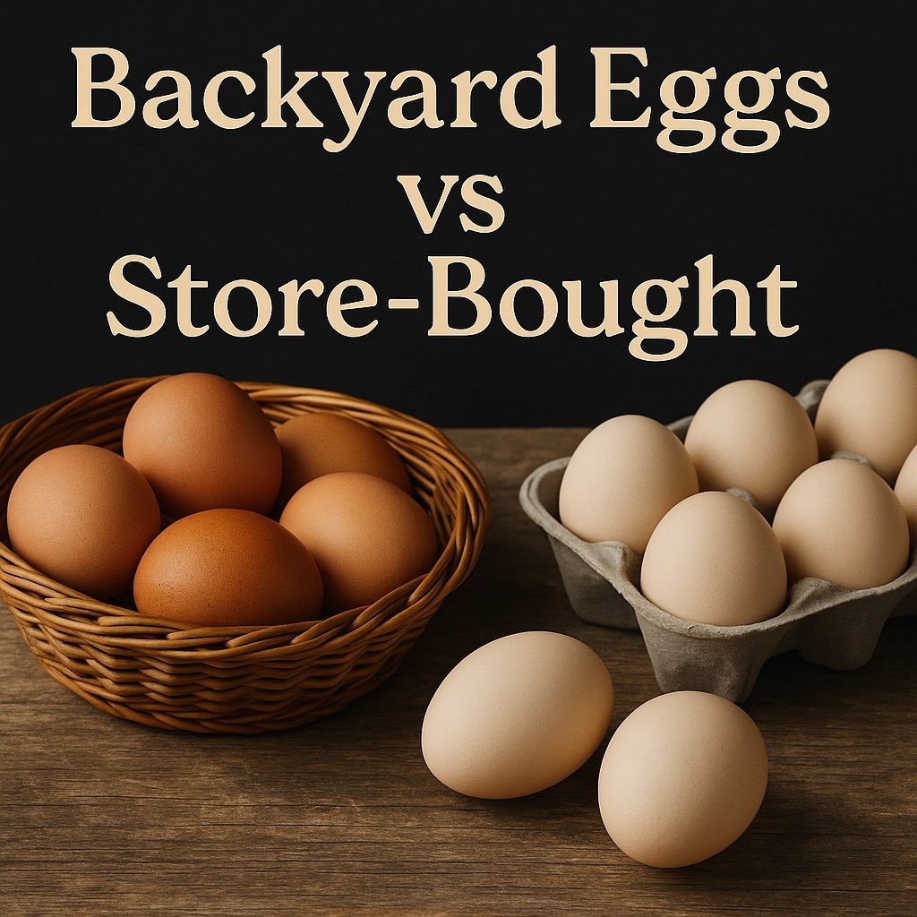 Side-by-side comparison of backyard eggs in a woven basket and store-bought eggs in a carton on a wooden table