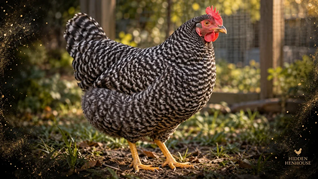 Barred Plymouth Rock hen with black-and-white barred plumage, single red comb and yellow legs in a backyard run