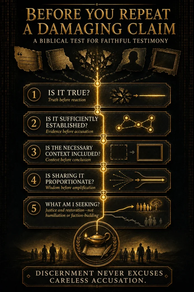 Biblical discernment infographic asking whether a damaging claim is true, established, contextualized, proportionate, and aimed at justice and restoration.