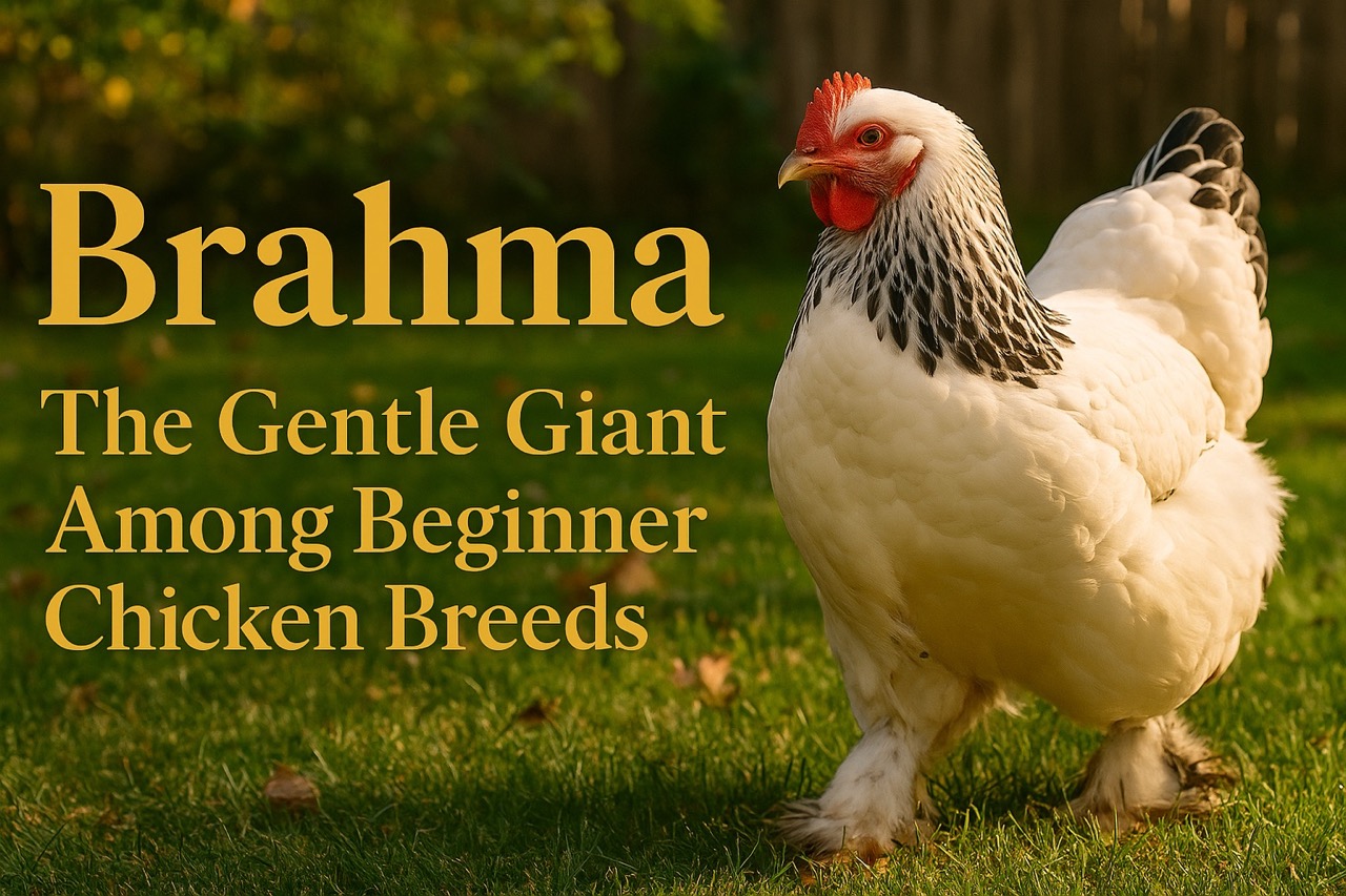 Brahma chicken standing in a cool-climate backyard with golden serif text overlay reading “Brahma – The Gentle Giant Among Beginner Chicken Breeds”