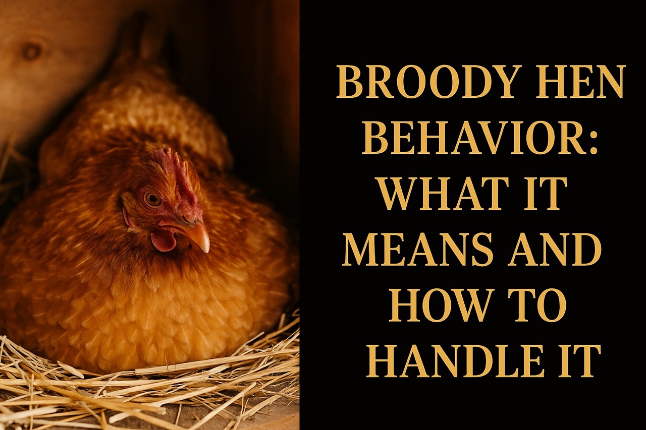 “A broody reddish-brown hen resting in a straw nest box next to black-and-gold text that reads: ‘Broody Hen Behavior: What It Means and How to Handle It’”