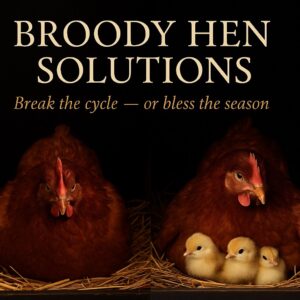 Side-by-side image of a broody hen alone in a nest box on the left, and the same hen nurturing three yellow chicks under her wings on the right. Text above reads: “Broody Hen Solutions – Break the cycle or bless the season.”