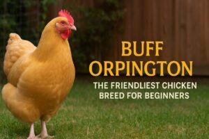 Buff Orpington chicken standing in a grassy backyard with golden feathers and bold title text that reads “Buff Orpington – The Friendliest Chicken Breed for Beginners”