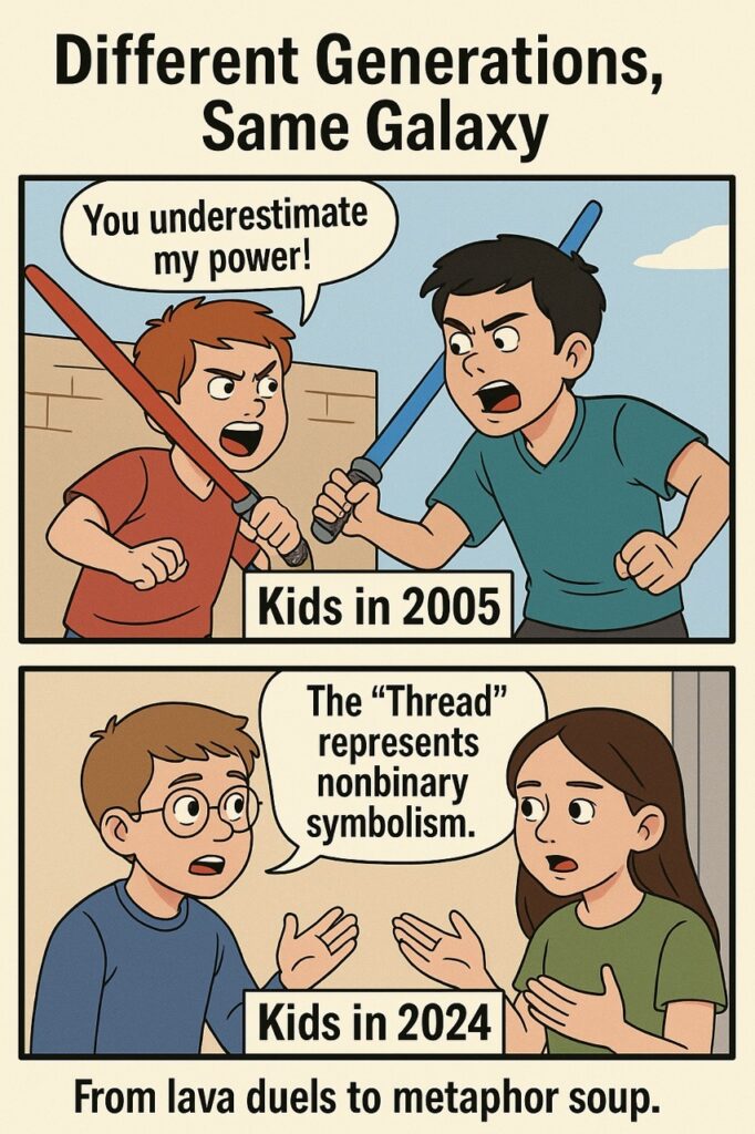  Comic-style meme showing 2005 kids reenacting lightsaber duels versus 2024 kids explaining the Thread’s nonbinary symbolism.