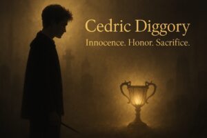 “Cedric Diggory stands in a misty graveyard with his wand lowered, facing the glowing Triwizard Cup. Gold text reads ‘Cedric Diggory – Innocence. Honor. Sacrifice.’”
