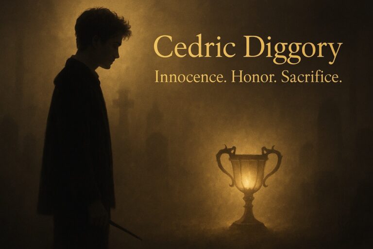“Cedric Diggory stands in a misty graveyard with his wand lowered, facing the glowing Triwizard Cup. Gold text reads ‘Cedric Diggory – Innocence. Honor. Sacrifice.’”
