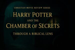 “Harry Potter and the Chamber of Secrets Through a Biblical Lens – Christian movie review image with basilisk eye, diary, stone archway, and Hogwarts silhouette.”