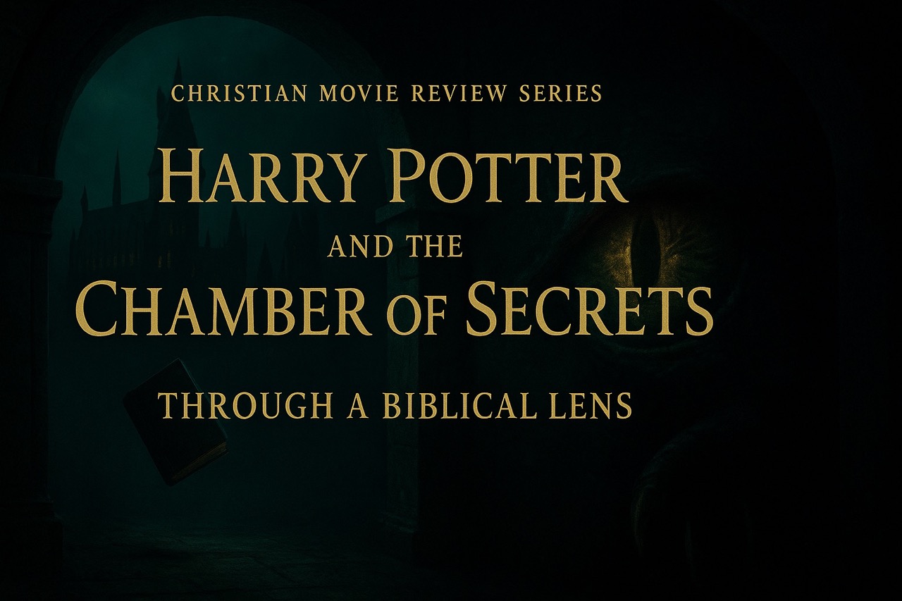 “Harry Potter and the Chamber of Secrets Through a Biblical Lens – Christian movie review image with basilisk eye, diary, stone archway, and Hogwarts silhouette.”