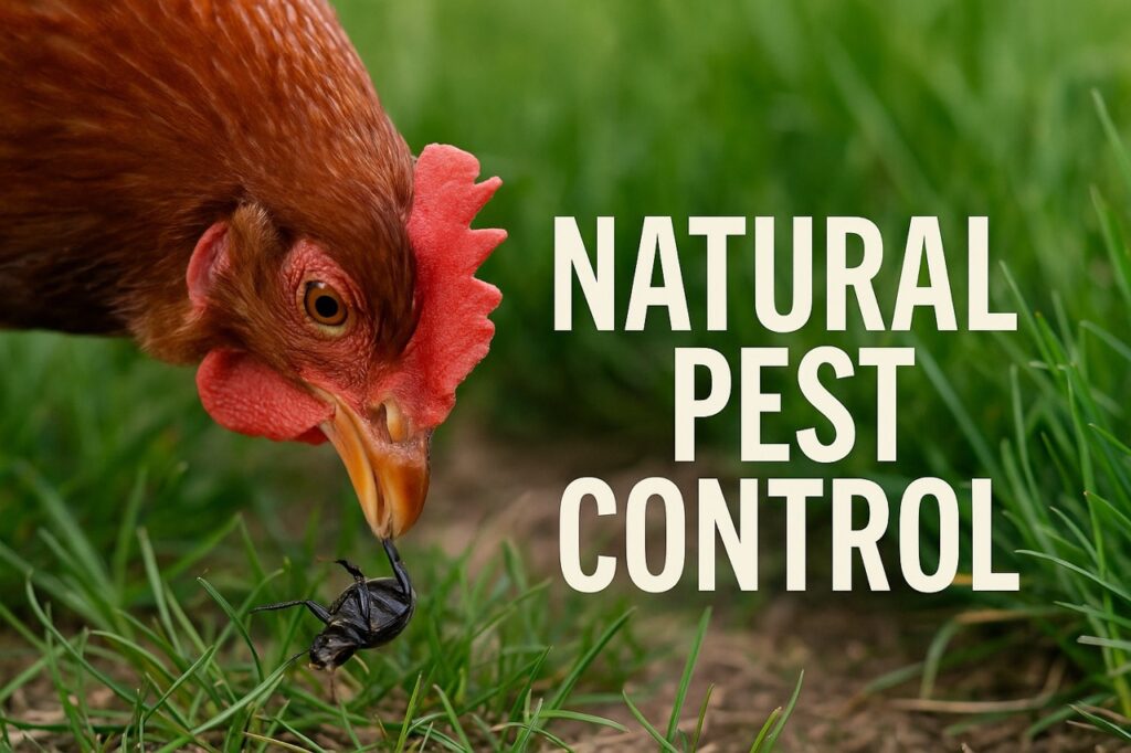 Close-up of a red-feathered backyard chicken pecking at a beetle in tall grass with the title Chickens Natural Pest Control overlayed