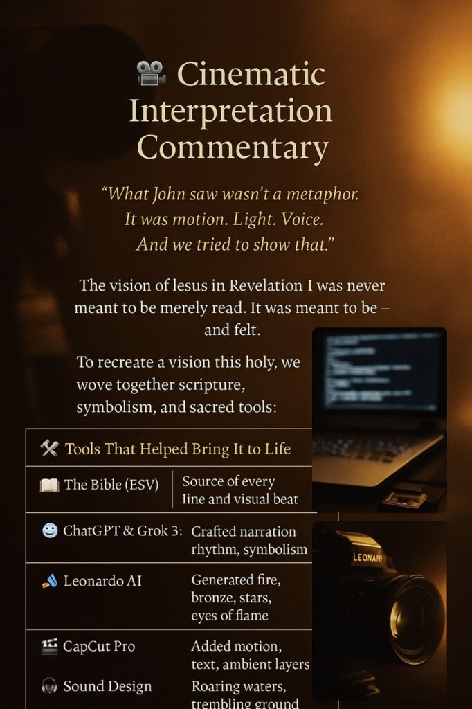 “Infographic-style image showing the creative tools used to visualize Jesus in Revelation 1, including AI, CapCut, scripture, and sacred narration elements.”